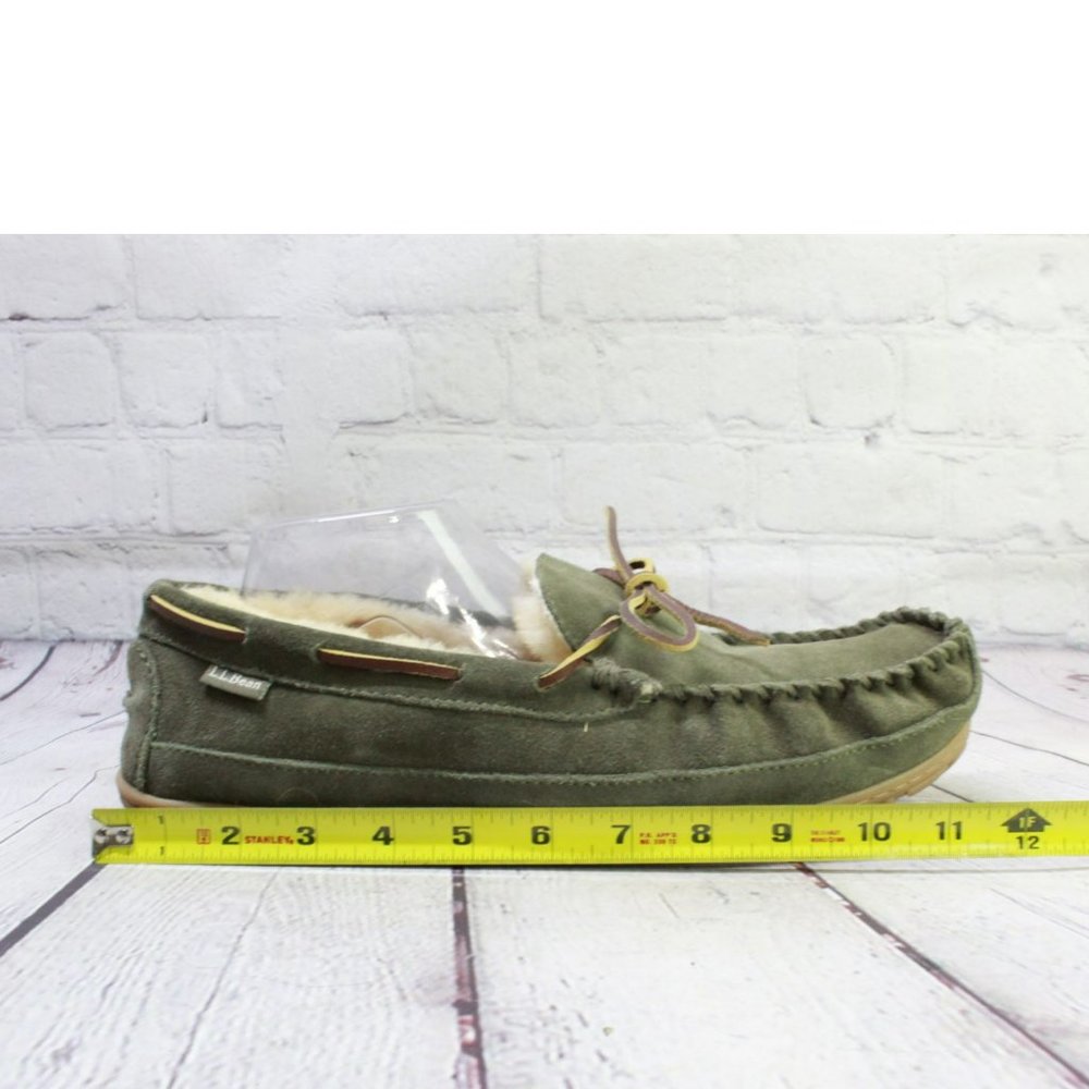 LL Bean Green Suede Wicked Good Shearling Lined Moccasin Slippers Size 12 - Picture 7 of 9